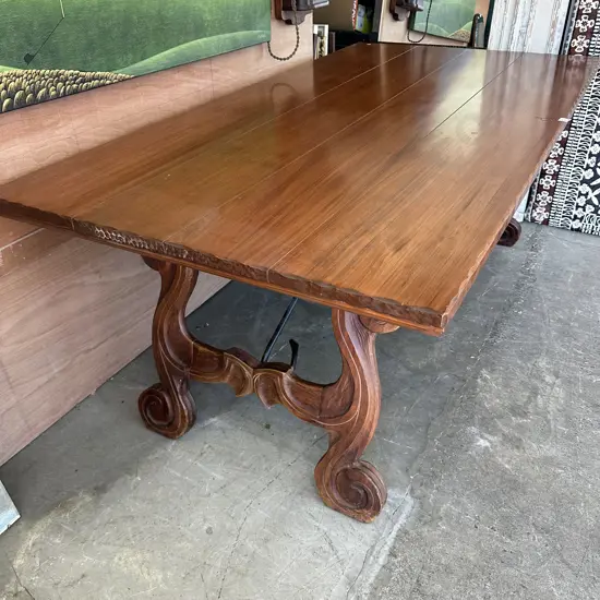 Tony Greaves hand carved dining table with wrought iron support 1990 x 1030