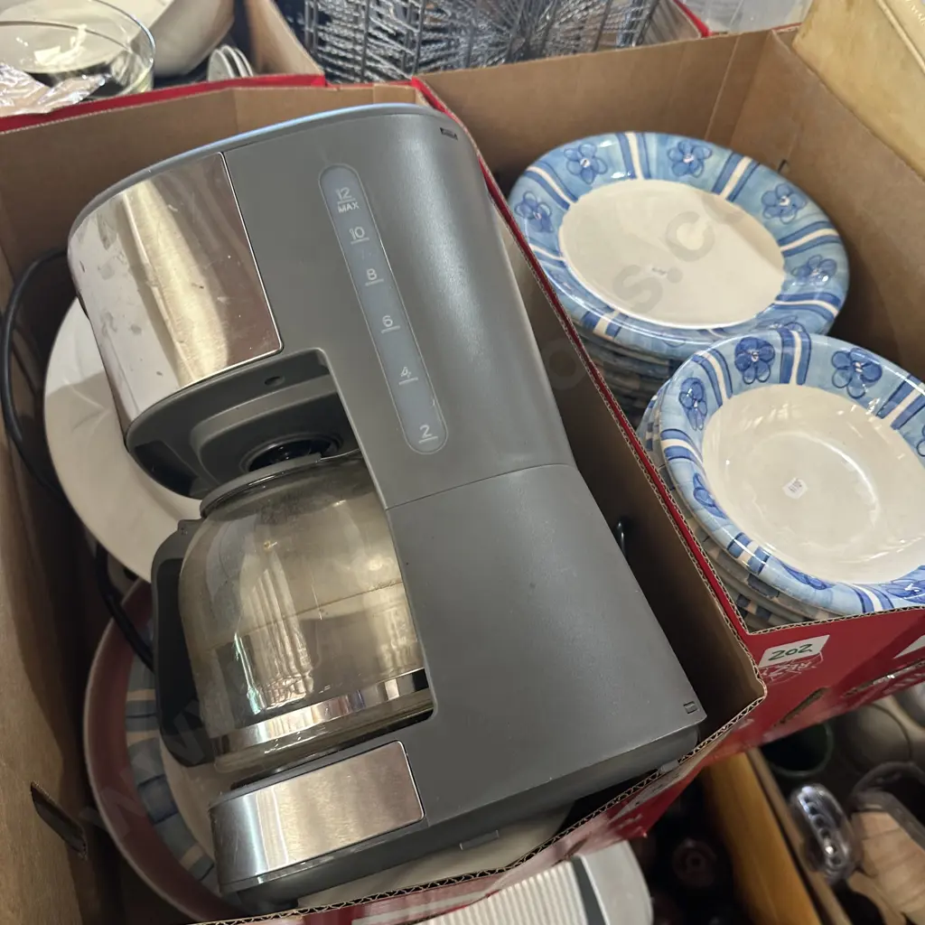 Two boxes of plates and coffee percolator Image 1++