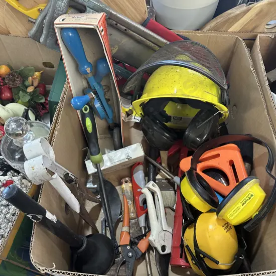 Tools, earmuffs, arborist hard hat etc.