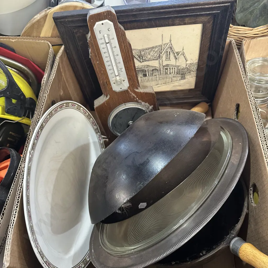 Barometer, cast iron pan, oak framed picture etc. Image 1++