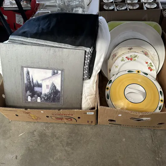 Two boxes Bedding, table cloth, Temuka lidded dish, picture etc.