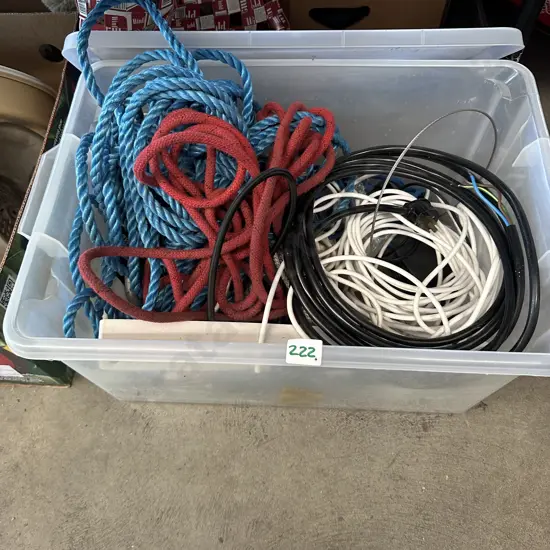 Lidded bin of rope, cables and plug adaptors etc.