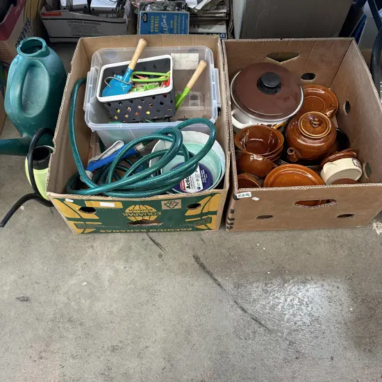 Two boxes of Dinnerware and gardening items