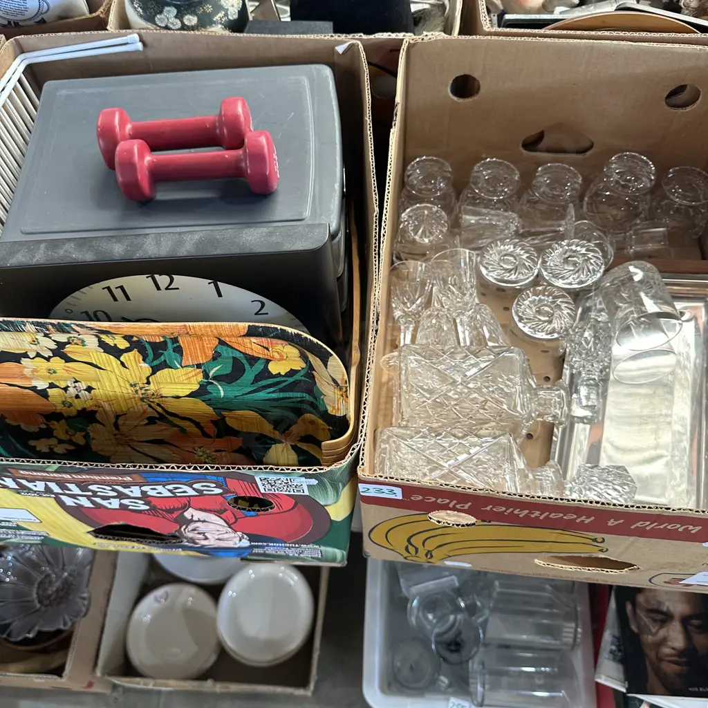 Two boxes Glasses and decanters, trays, hobby box and weights etc. Image 1++