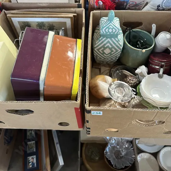 Two boxes Lidded ginger jar, placemats, wooden cat etc.