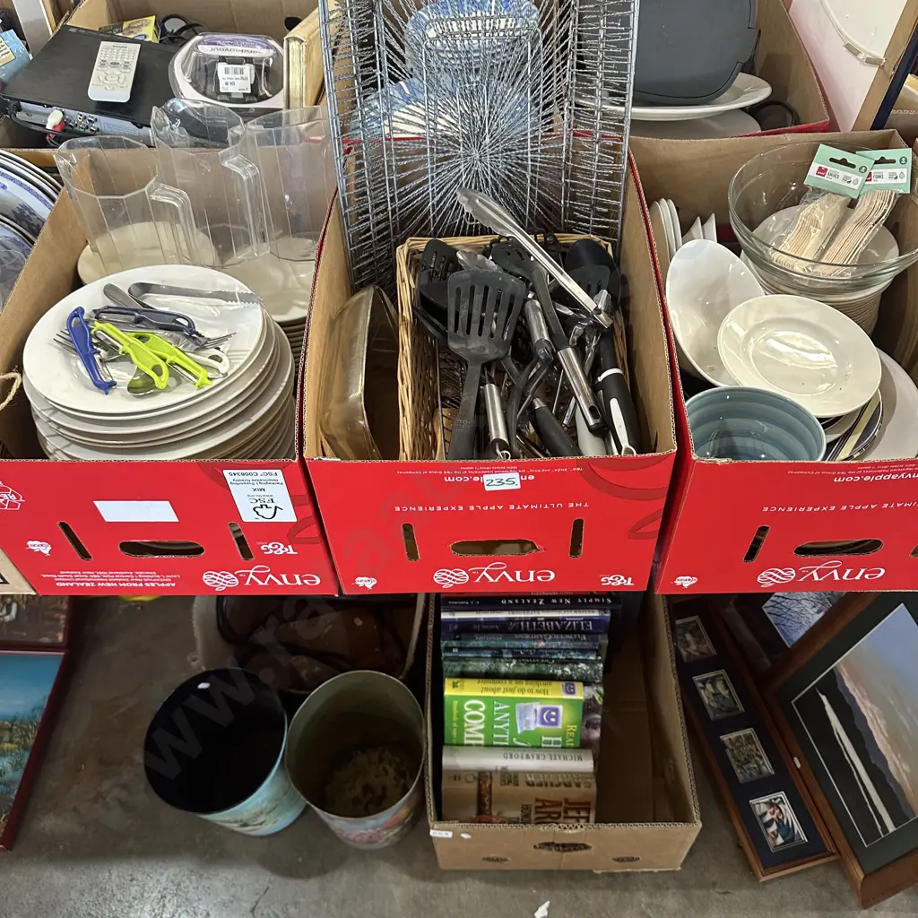 Three boxes plates, baskets, utensils etc. Image 1++