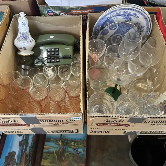 Two boxes plates, glasses, telephone etc.