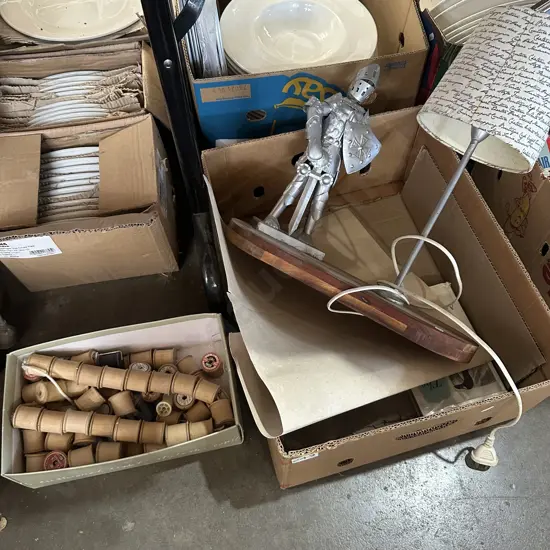 Lamp and vintage wooden cotton reels etc.