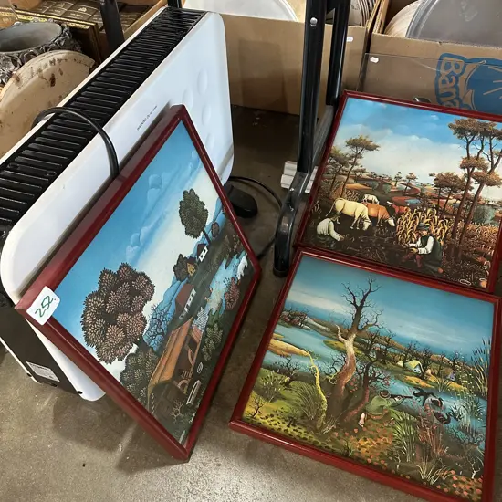 Set of three pictures and a tidy heater.