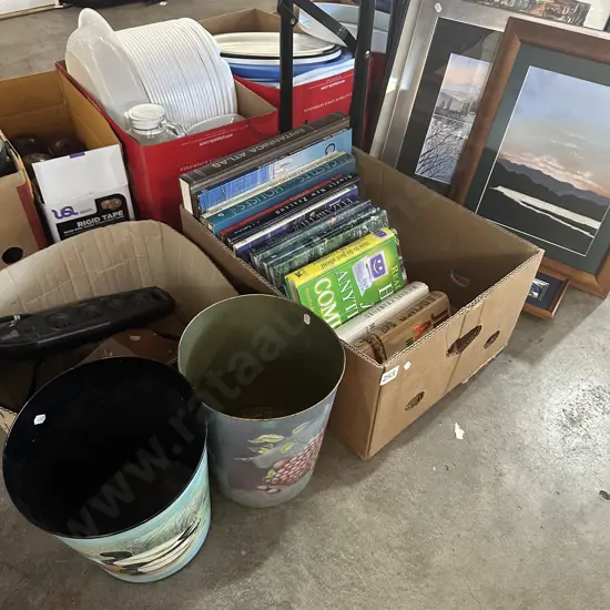 Box of books, paper bins and pictures etc.