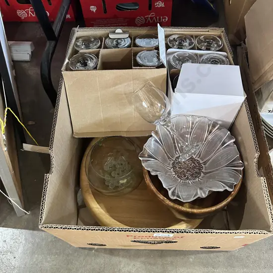 Two sets of new wine glasses, nibble dish and bowls etc.