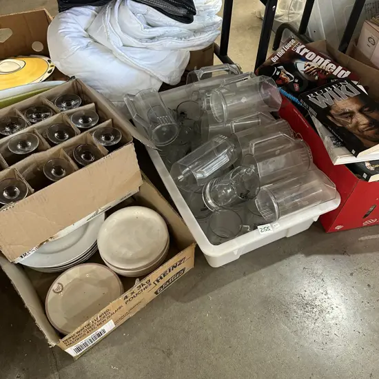 Beer jugs, handles and wine glasses, rugby books etc.