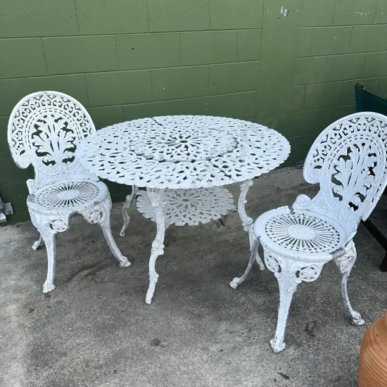 vintage painted aluminium garden table and 2 chairs