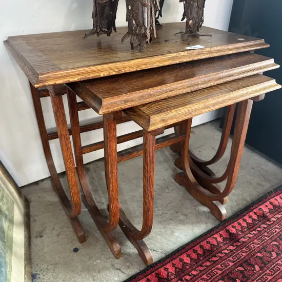 nest of 3 Oak art deco hoop legged tables