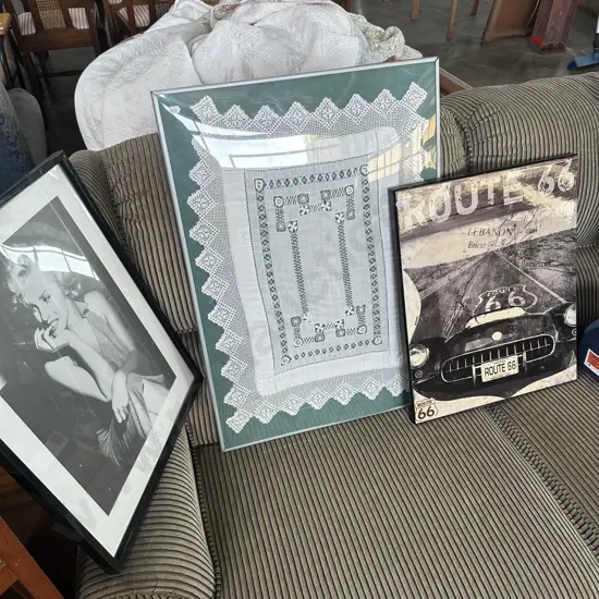 antique linen, 2 pictures plus snowboard