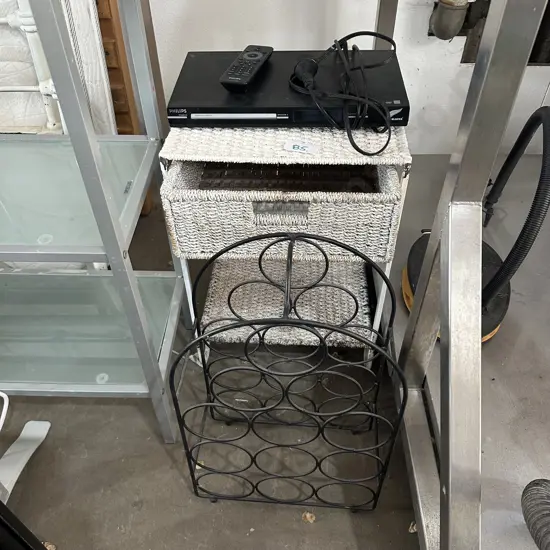 bedside, wine rack, airbed & DVD player