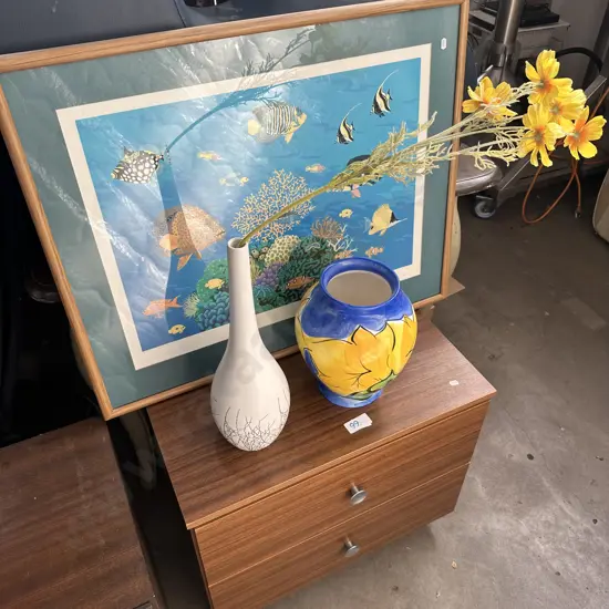 signed fish print, bedside and vases