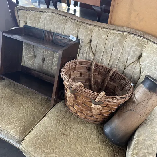 art deco shelf, rope handle basket plus wooden vase