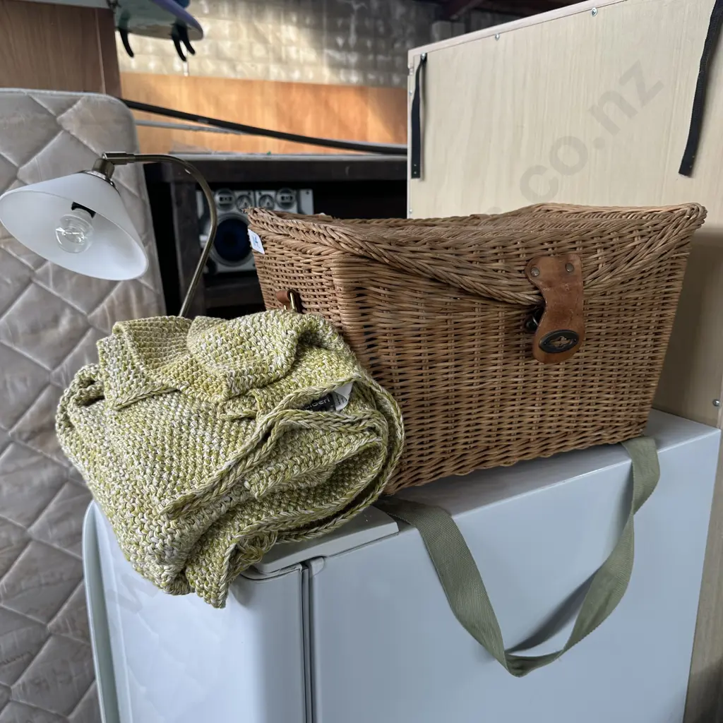 vintage picnic basket & rug,  plus a lamp Image 1++