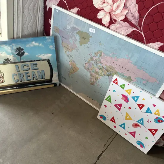 world map and 2 prints