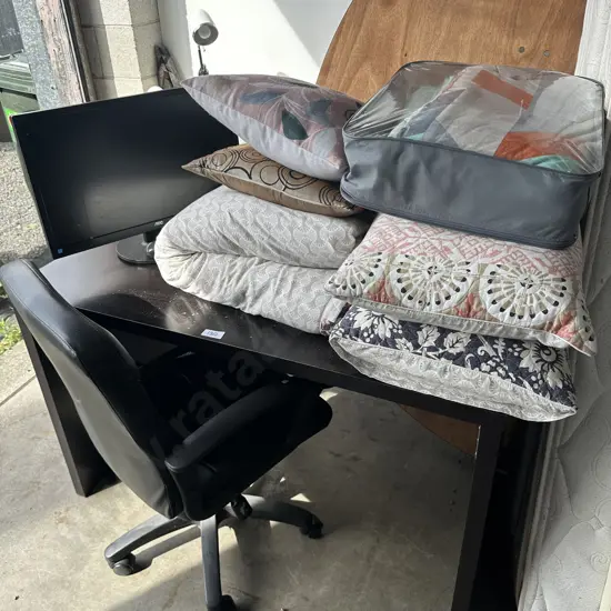 bedding, desk, chair, moniter etc