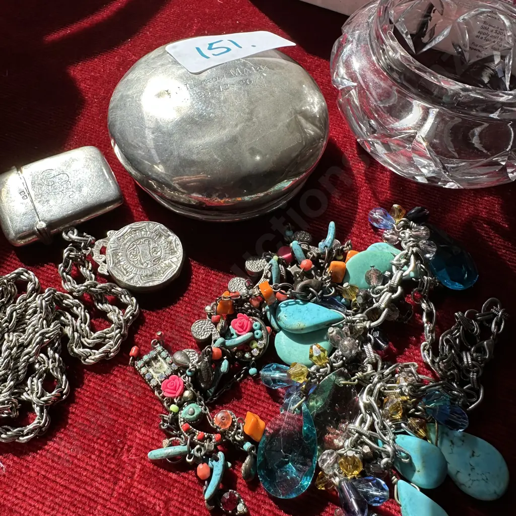 Sterling silver vesta and lidded pot plus costume jellery Image 1++