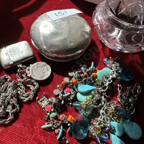 Sterling silver vesta and lidded pot plus costume jellery