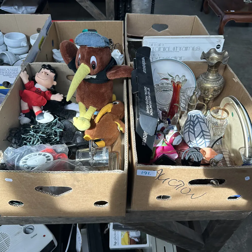 Two Boxes including Digital photo frame, brass vases, limoges etc. Image 1++