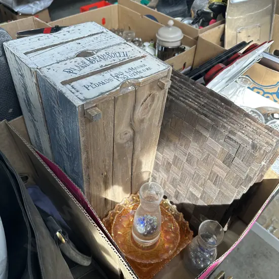 Wooden boxes, place mats, carnival glass and two pictures etc.