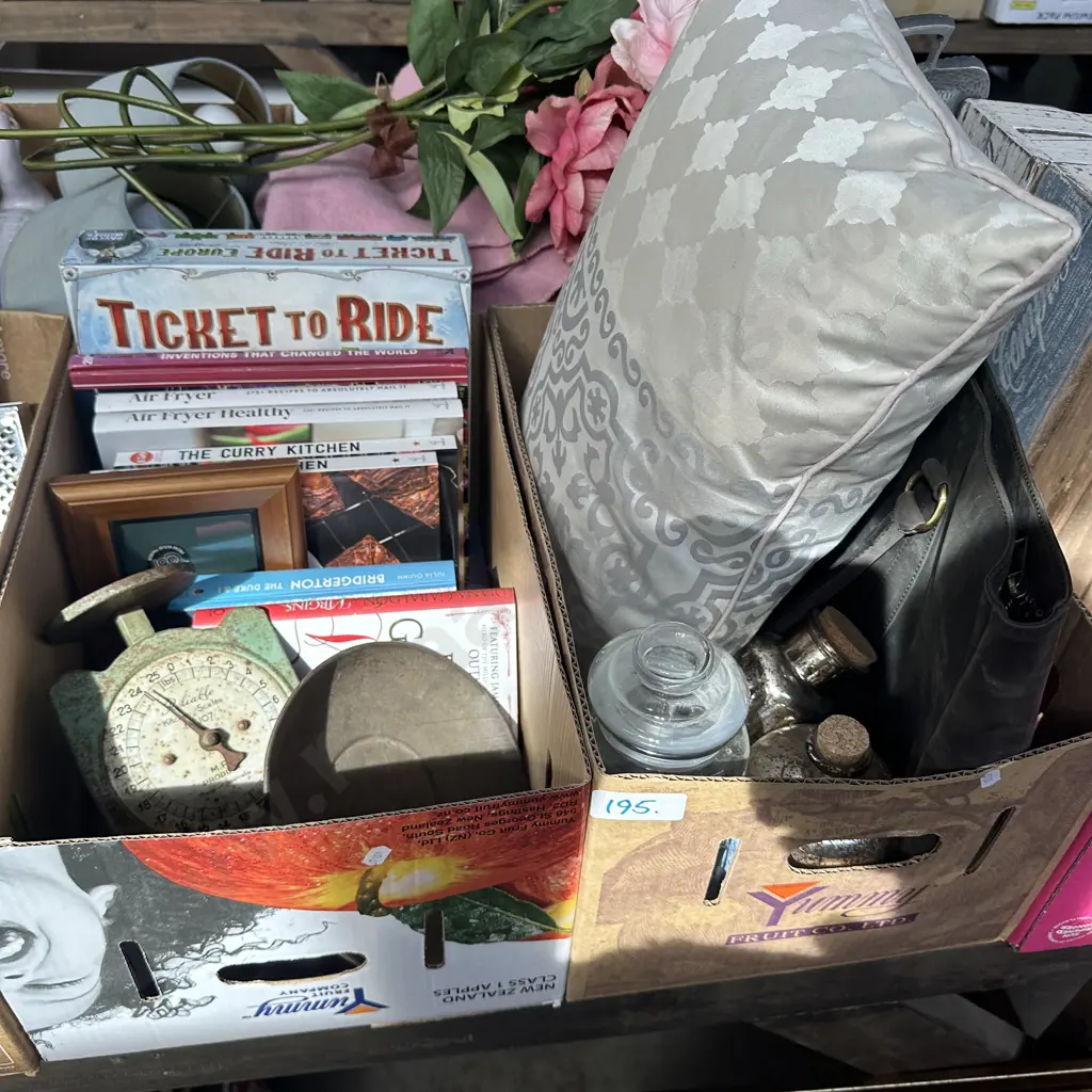 Two boxes Bag, cushion, books and scales etc. Image 1++
