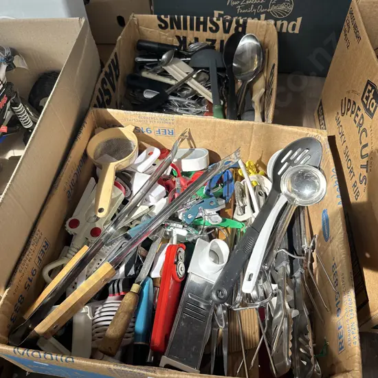 Two boxes of cutlery and utensils