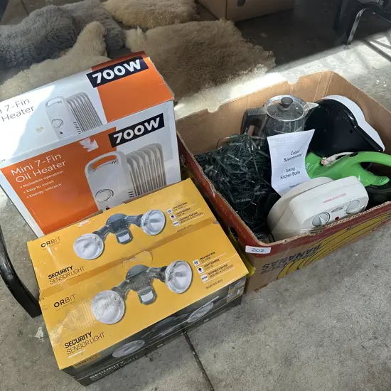 Boxed heater, security lights, talking scales and xmas lights etc.