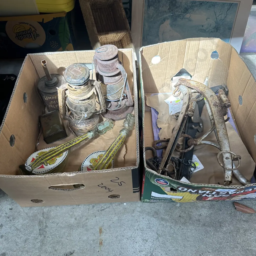 Two boxes lanterns, draught horse collar irons etc. Image 1++