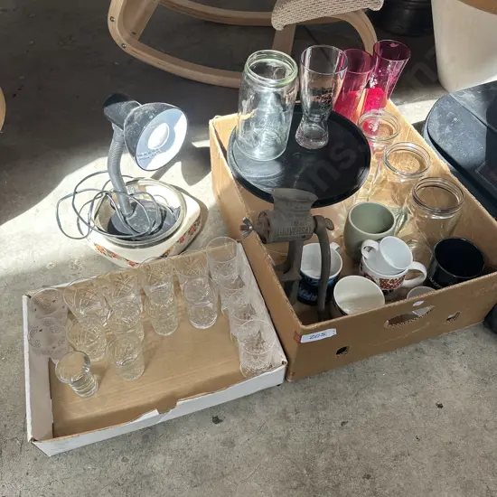 Desk lamp, glasses, jars etc.