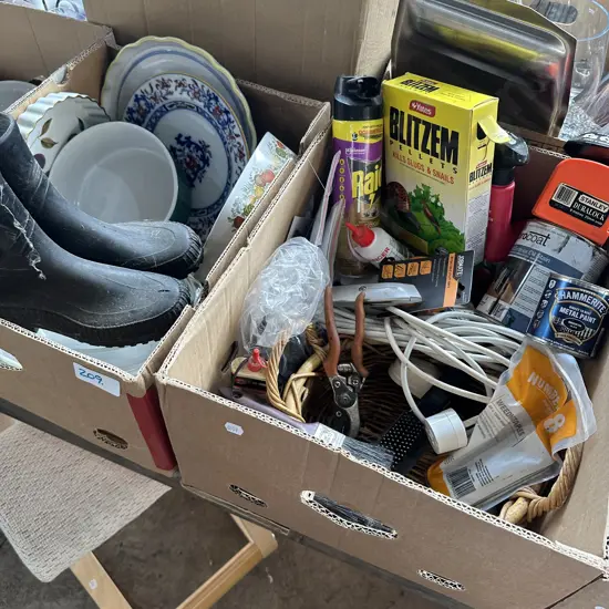 Two boxes baking dishes, charcoal stain, black metal paint etc.