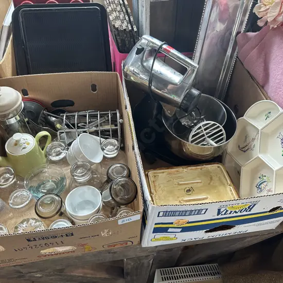 Two boxes Breville mixer, johnson bros tea pot, metal tray etc.