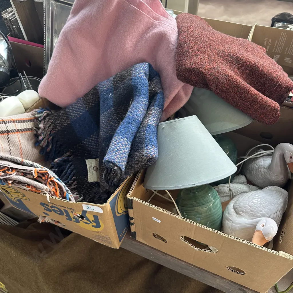 Two boxes four blankets, pair of lamps, pair of ducks and flowers. Image 1++