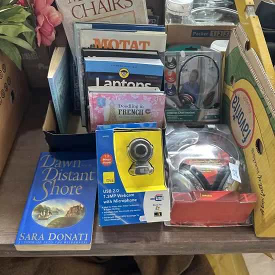 Books, new headphone sets and webcam.