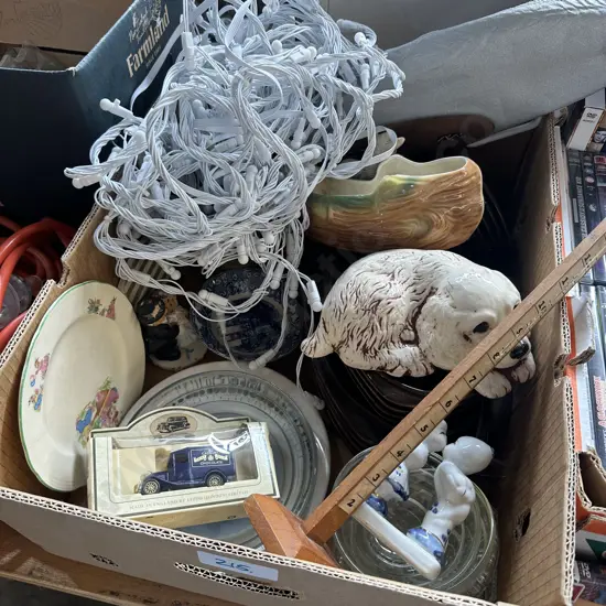 Temuka plates, brass vase, string of lights etc.