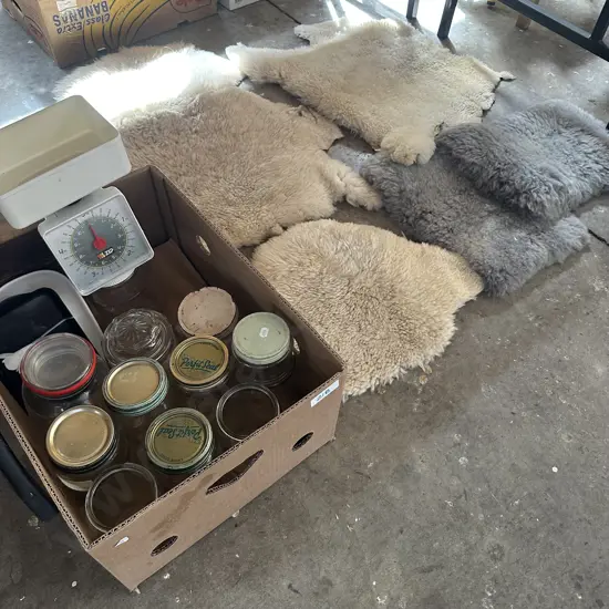 Sheepskins, jars and scales etc.