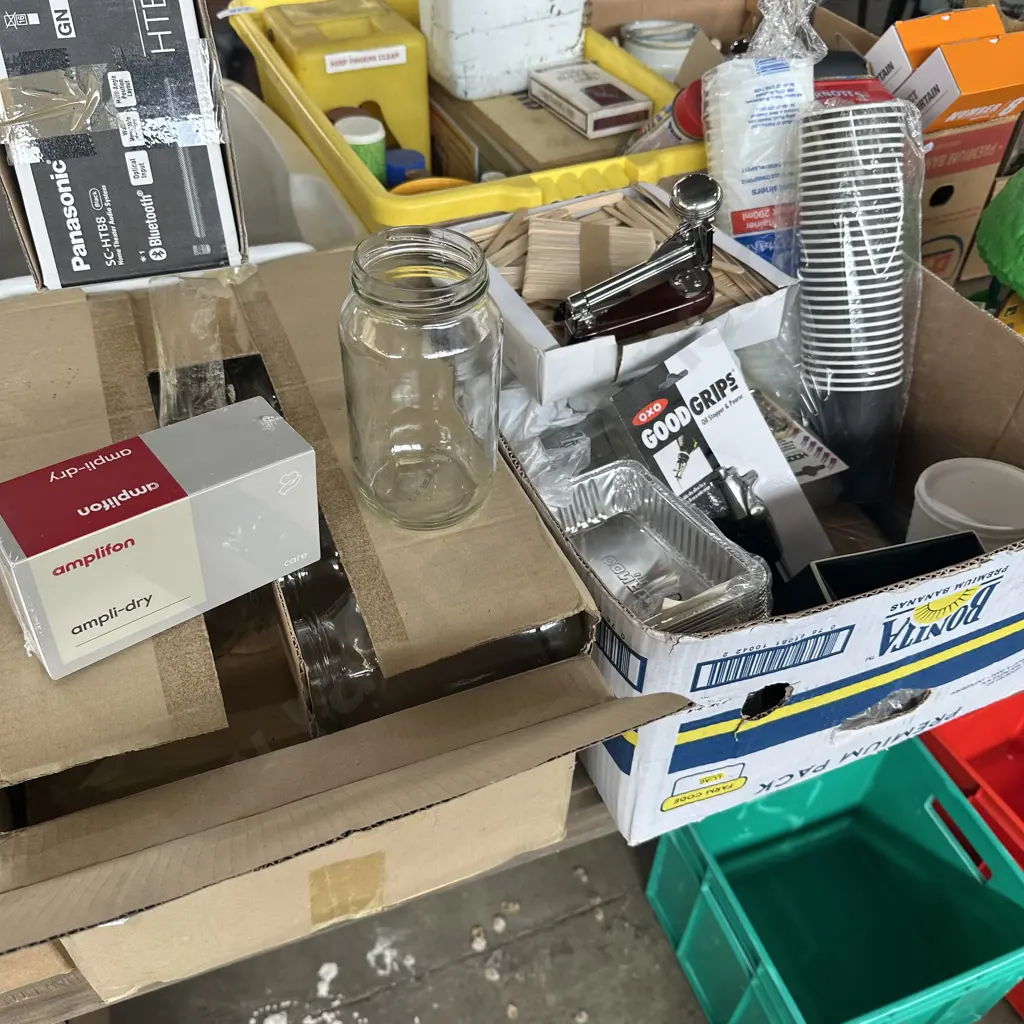 Two boxes plastic containers, coffee cups, ice block sticks and jars etc. Image 1++