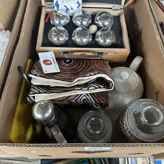 Petanque set, tea pots and storage jars etc.
