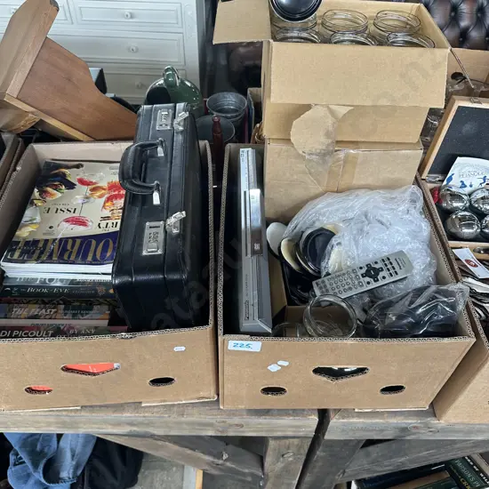 Two boxes books, briefcase, jars with lids etc.