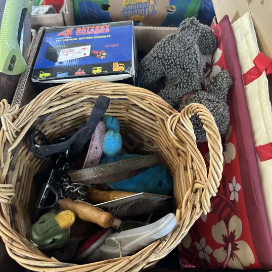 Cane basket and battery charger etc.