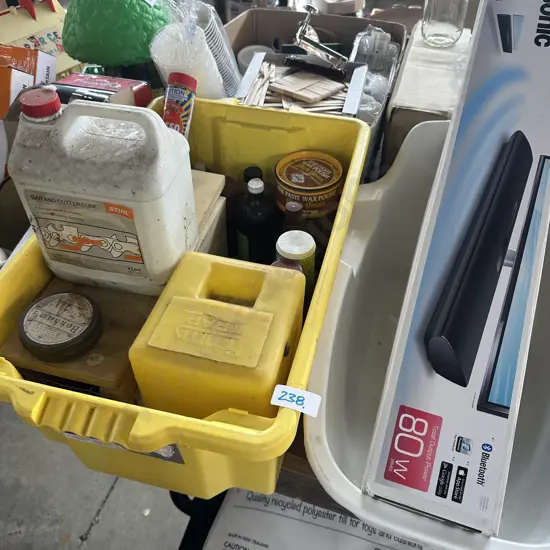 Animal traps, bar and cutting lube, polishes, Panasonic home theater audio system etc.