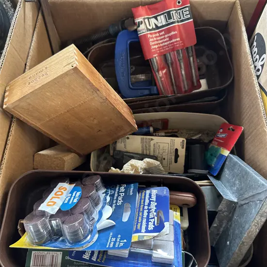 Box of tools including Record G-Clamp, drill bits etc.