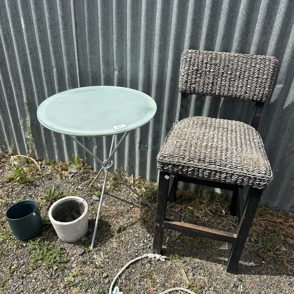 Side table, chair and planters. Image 1++