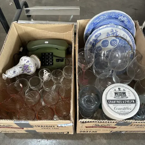 2 box blue white china, retro phone, glassware etc