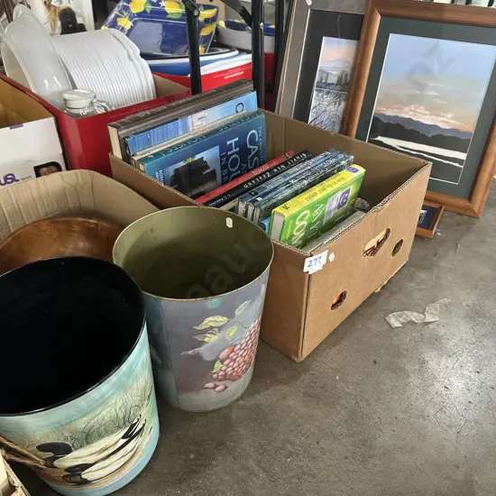 vintage bins, books, pictures