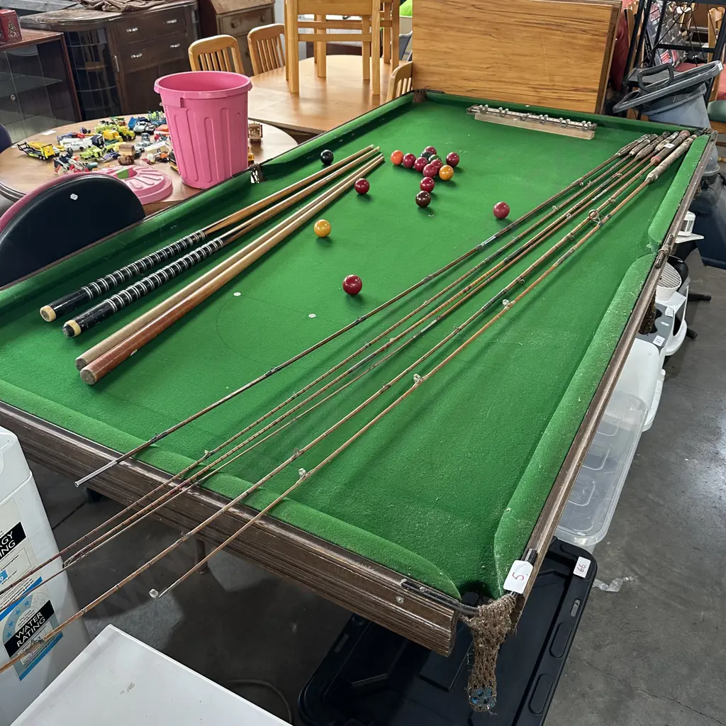 portable 2330 x 1220 pool table with good felt and some accessories Image 1++